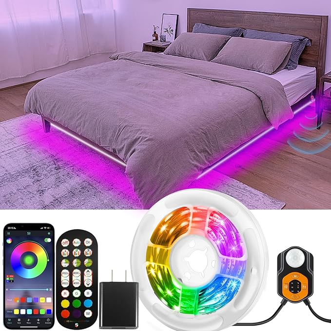 Motion Sensor LED Light Strip 19.68ft Under Bed Lights, RGB 3 Mode Motion Activated Bed Light with Music Sync and Timer, Dimmable Color Changing LED Lights Valentine Decor