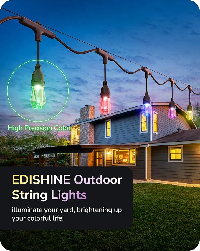 EDISHINE Smart String Lights, 48ft Outdoor Patio Lights with 18 Shatterproof Acrylic RGB LED Bulbs, APP & WiFi Control, Compatible with Alexa, Waterproof Dimmable Outdoor Lights for Halloween Decor