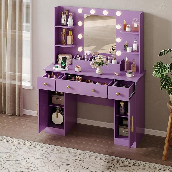 Vanity Desk with Mirror and Lights, Makeup Vanity with Mirror and LED Lights & Power Outlet, 3 Drawers and Cabinets, 3 Lighting Modes Dressing Table Set for Girls Women Bedroom,Purple