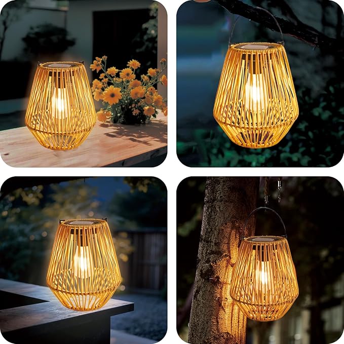 2 Pack Hanging Solar Lanterns Outdoor Waterproof, Rattan Lanterns Hanging Solar Lights, Outdoor Lamp Decorations for Yard Garden Pathway Porch Patio Outside Decor