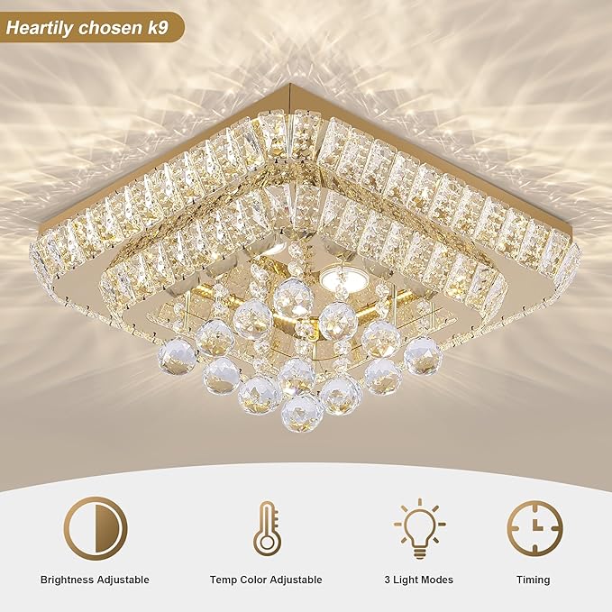 REDSTAR 18" Gold Crystal Ceiling-Light Flush Mount with Remote and APP, 3 Colors Temp & Brightness Adjustable, Modern Crystal Raindrop Chandeliers for Bedroom Hallway Dinning and Living Rooms-Square