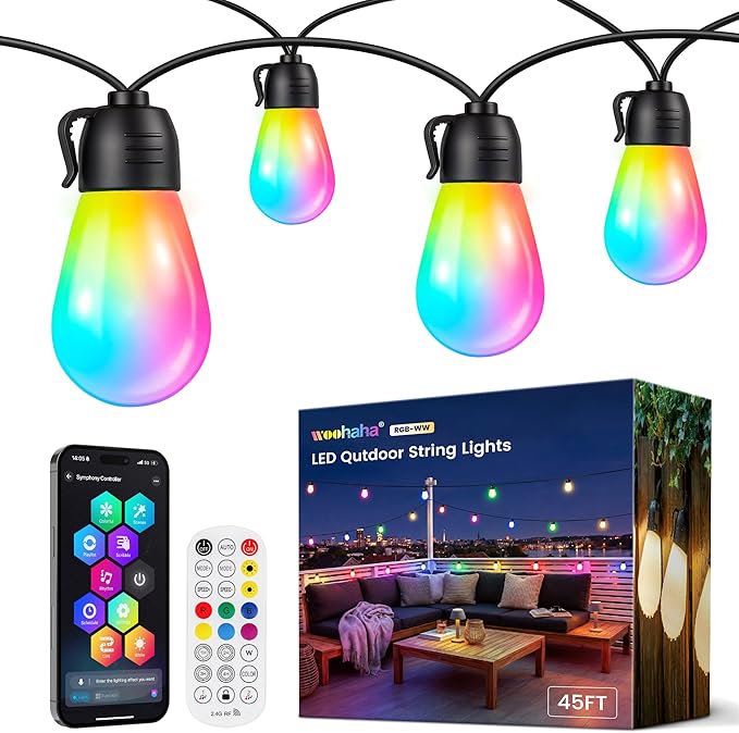 woohaha Outdoor String Lights,45FT Smart RGB+IC+Warm White Outdoor Patio Lights with 19 Dimmable LED Bulbs, IP65 Color Changing Light with APP Control&2.4G Remote,for Outside Backyard Decor