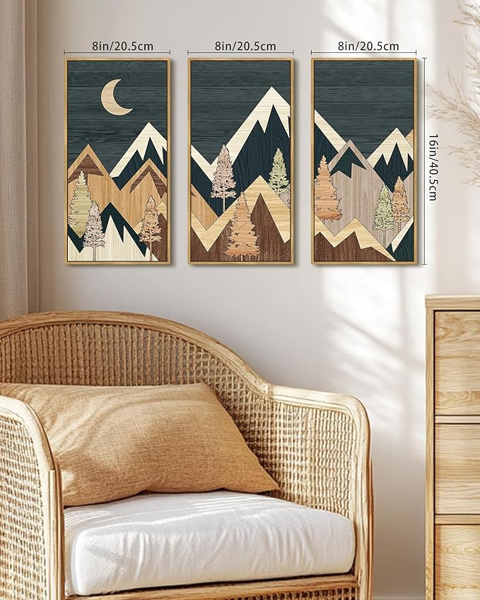 KUVIOKE Wooden Mountains Range Landscape Wall Art Framed Tree Nature Wall Decor Moon Rises Prints Bedroom Living Room Ready to Hang 8x16in3pcs Natural Framed