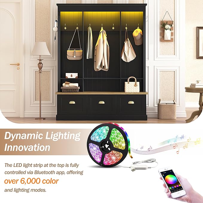 LUMISOL Hall Tree with Storage Bench, Entryway Coat Rack with LED Light and 3 Large Cabinets, Entryway Bench with Shelves and 9 Hooks, for Entrance Mudroom Living Room, Black
