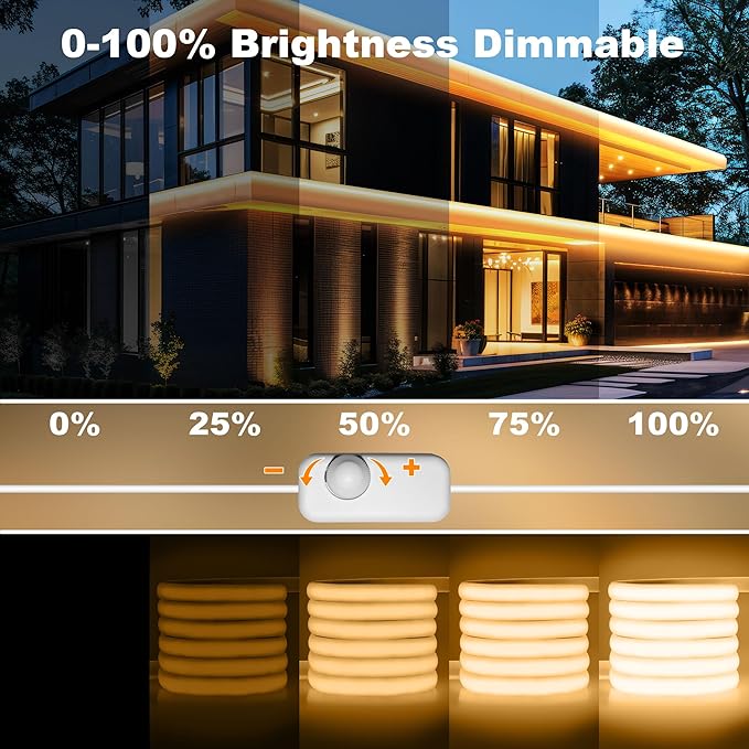 IP67 Waterproof COB LED Strip Lights AC 110V-120V Direct Plug, 100FT Super Bright Outdoor Strip Lights with Double Fuse Controller, 2700K Warm White LED Strips for Garden Patio Commercial Decor