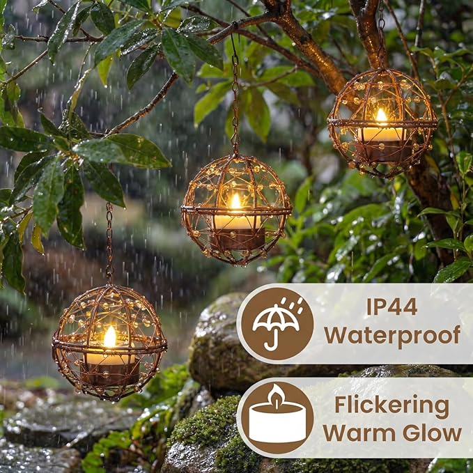 VIHOSE 4 Pack Solar Lanterns Outdoor Waterproof, Hanging Solar Lights Iron Ball with Flashing Tea Wax, Decorative Rechargeable Lamp for Backyard Terrace Garden Fence Tree Decoration