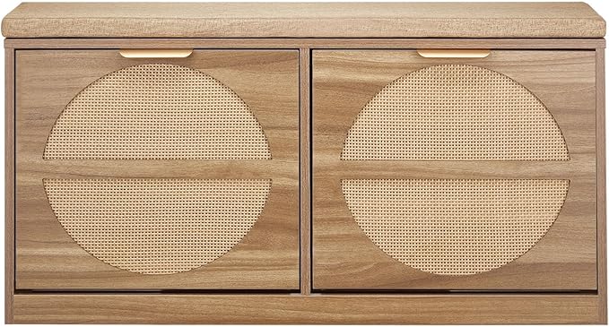 VEVOR Shoe Storage Bench, Rattan Entryway Bench with Coat Rack & Padded Cushion, Shoe Cabinet Holds up to 440 lbs, 38.9x 9.4x19.7 Inche for Hallway, Living Room, Bedroom