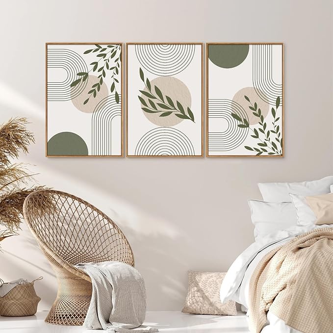 YeeHomedec Boho Sage Green Framed Canvas Wall Art, Mid Century Modern Wall Decor, Large Minimalist Art Print, Abstract Geometric Leaf Art Painting for Bathroom Living Room Bedroom Office 16"x24"x3