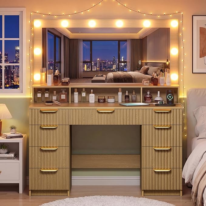 Fluted Vanity Desk with Large Lighted Mirror, Makeup Vanity Desk with Power Outlet, 9 Drawers & Storage Shelf, Women Girls Vanity Dressing Table for Bedroom, Oak