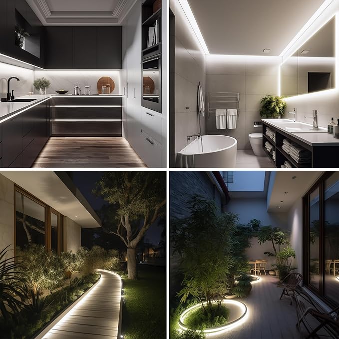 32.8ft COB LED Strip Lights Waterproof IP68, 6000K Daylight White Outdoor 24V Dimmable Silicone LED Tape Lighting High Density, 6000LM+, 3200LEDs Clips and Screws(Power Supply Not Included)