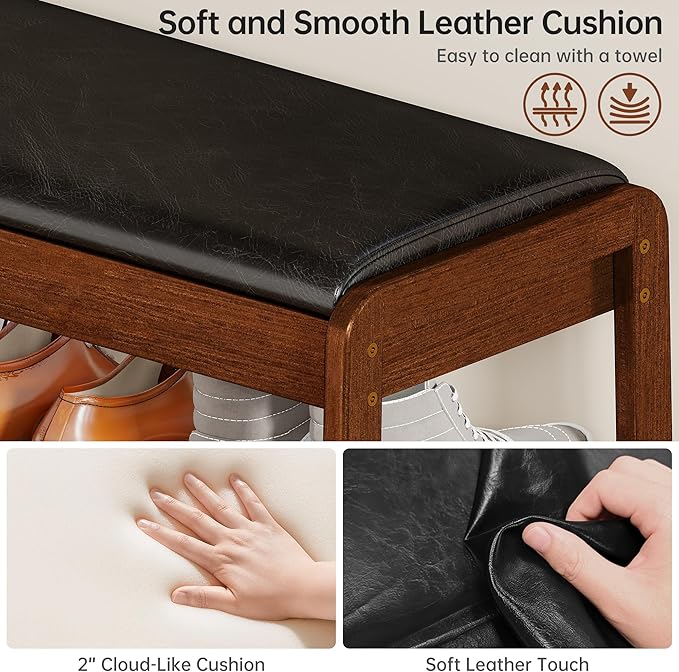Shoe Rack Bench with Flip-Top Storage, Rubberwood 2-Tier Shoe Organizer with Cushion, Long Wooden Shoe Stand for Entryway, Mudroom, Hallway, Closet, Front Door Entrance, Foyer