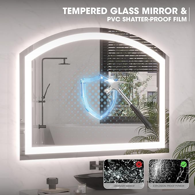 Hasipu 55" x 36" LED Bathroom Mirror Arch Vanity Mirror with Lights Frontlit Smart Touch Sensor Dimmable 3 Colors Temperature Shatterproof Wall-Mounted Vanity Mirror Metal Frame