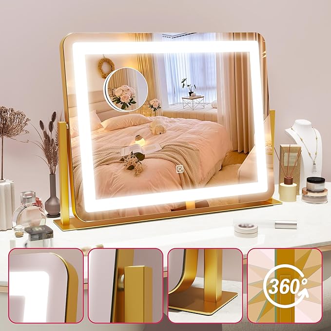HNV Gold Vanity Makeup Mirror with Lights, 22"x17" Large Lighted Vanity Mirror, Dimmable LED with 3 Color Touch Lighting, Tabletop Mirror for Desk or Bedroom, 360° Rotation