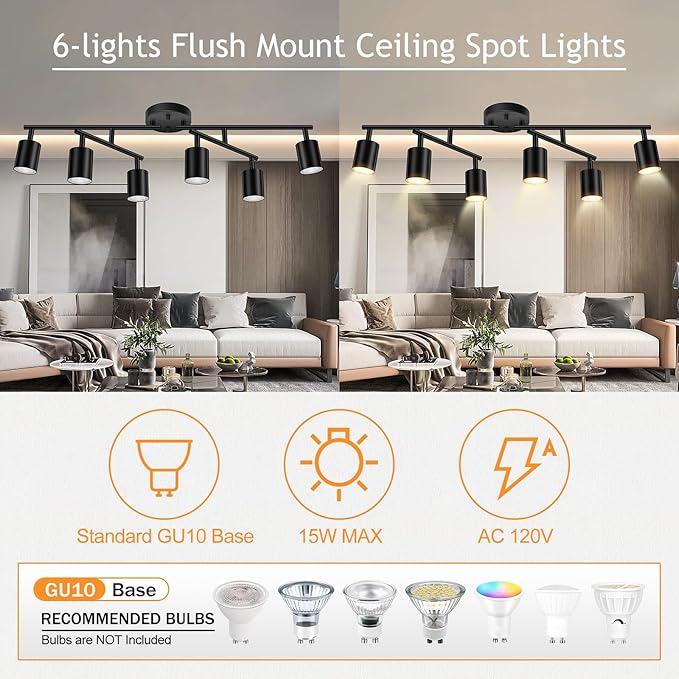 BoostArea 6 Light Track Lighting Kit, Black 6 Way Ceiling Spot Lighting, Center Swivel Track Light Heads, Flexibly Rotatable Light Head for Kitchen, Living Room, Bedroom, GU10 Bulb Not Included