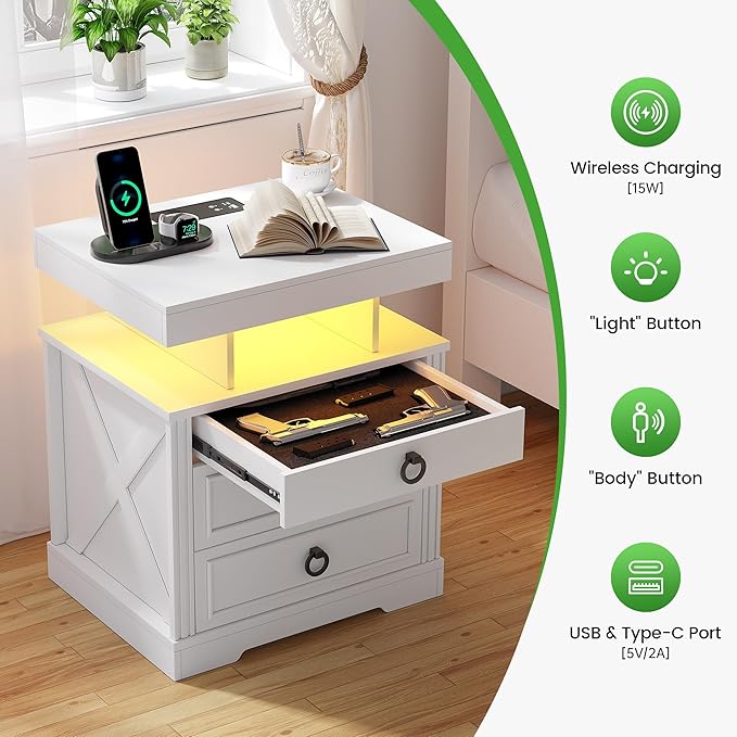 HNEBC Night Stand Set 2 with Gun Drawers, Farmhouse Nightstand with Charging Station, Secret Bedside tabel with 3 Color Auto Light, Smart End Table with Hidden Storage for Bedroom Furniture-White