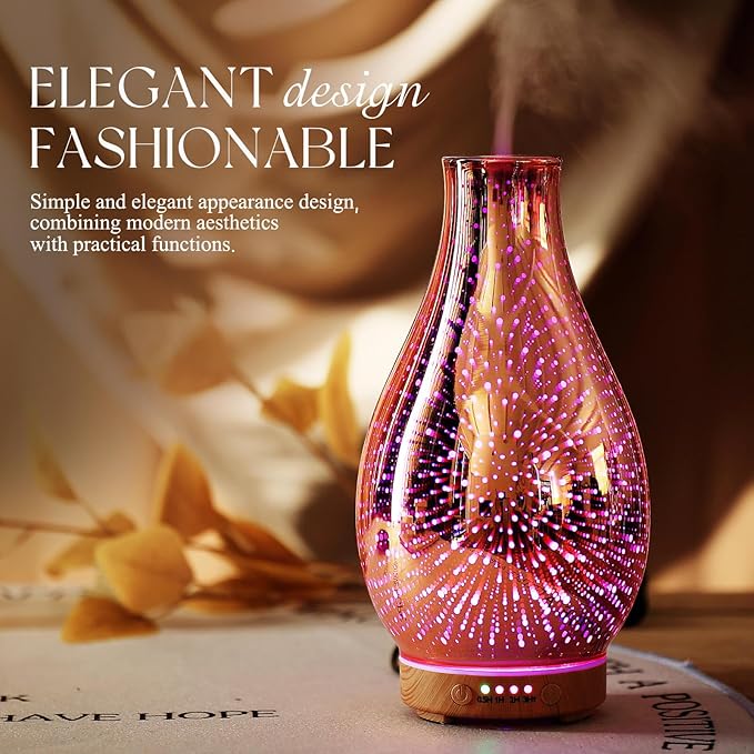 Porseme Essential Oil Diffuser 3D Glass Aromatherapy Ultrasonic Humidifier Cool Mist, Auto Shut-Off, Timer Setting, BPA Free for Home Office Hotel Yoga Gym Leisure SPA Gift 100ml