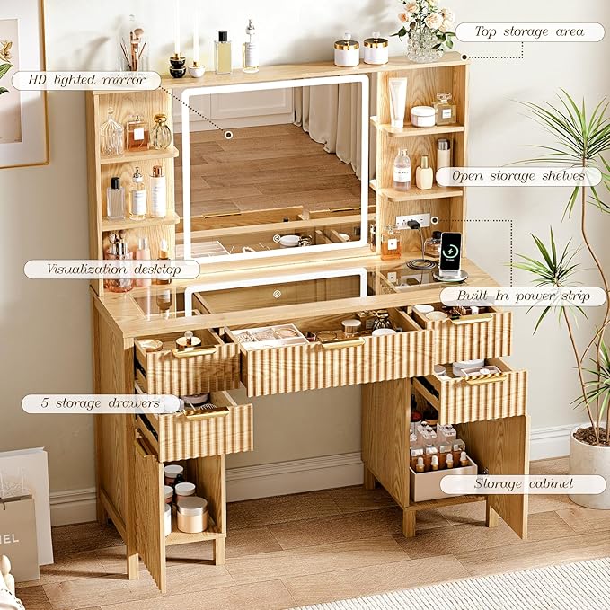 Vanity Desk with Large 27.2" Mirror and Lights 47.2" Fluted Makeup, 5 Drawer Vanity with Power Strip, 4 Open Shelves, 2 Cabinet, Modern Bedroom Vanity Featuring Visual Transparent Glass. Wood