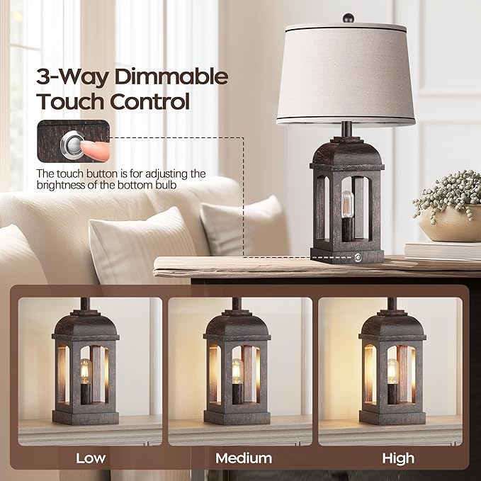 QiMH Table Lamp for Living Room, Farmhouse Lamps Set of 2 with USB A+C and Nightlight, 26" Rustic Bedside Lamps with 3-Way Dimmable, Touch Nightstand Lamp for Bedroom, Bronze
