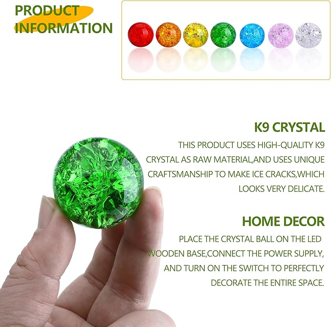 7 Colors Ice Cracked Balls with LED Wooden Base 40mm Healing Sphere Balls Set Crystal Chakra Night Light Decor for Home Valentines Day Gifts for Her