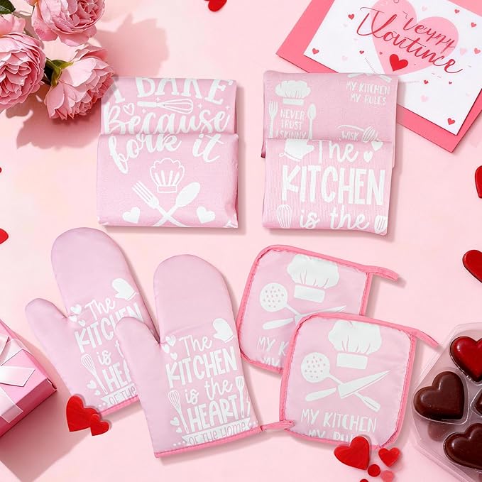 8 Pcs Pink Kitchen Decor Set 4 Pink Kitchen Dish Towels 2 Oven Mitt 2 Pot Holders for Kitchens Cooking Baking Spring Valentine's Day Decoration Farmhouse Housewarming Accessories Mom Gifts