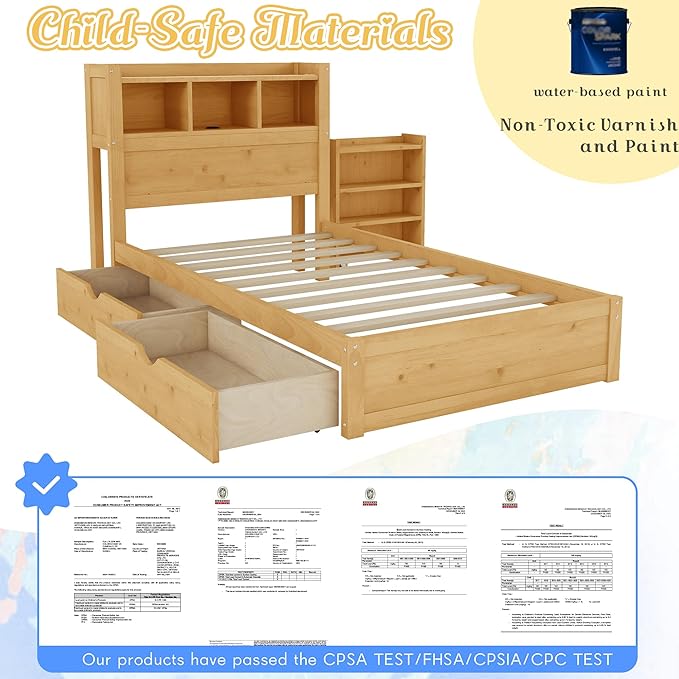 Kids Twin Bed Frame with Drawers & Storage Headboard, Solid Wood Platform Bed with Pull-Out Cabinet, Built-in LED Light & Charging Station, No Box Spring Needed, Natural