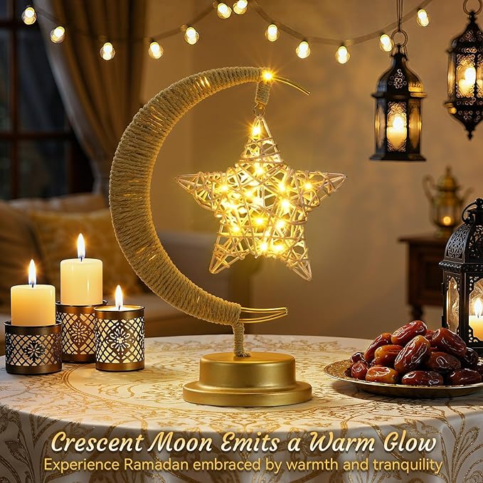 Lewondr Ramadan Moon Lamp with Rattan Star, Lunar Lamp for Night Stands, Battery Powered Ramadan Desk Lamps Decorations, Gold Crescent Table Light Bedside Lamps for Desktop Nursery Kids Room Decor