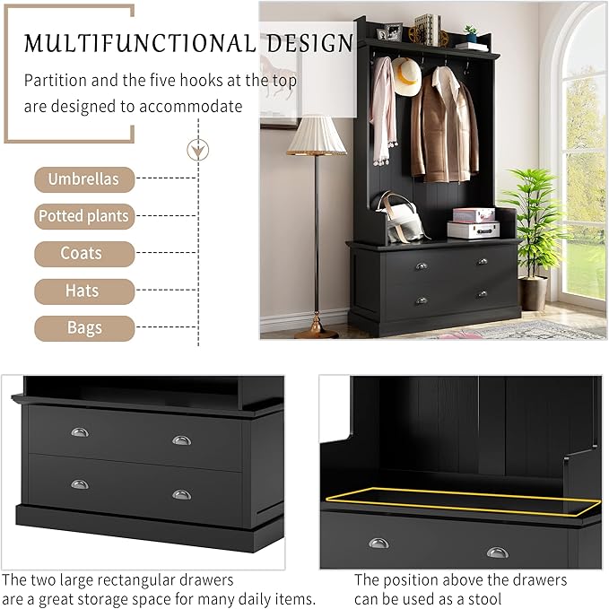 Retro 38.5" Wide Hallway Hall Tree with Coat Rack and 2 Large Drawers,Bench,5 Metal Hooks and Metal Handles,For Entrance Furniture Use Black#c