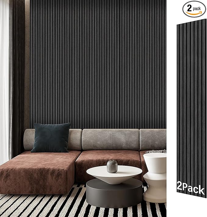 Wood Panels for Wall - 2 Pack Black Panels for Wall Decor - Black Oak Wood Veneer Sound Absorbing Panel - Black Wall Panels 12.6" W x 94.5" L