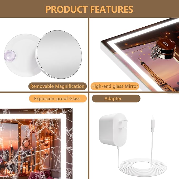 Hasipu Vanity Mirror with Lights, 55" x 36" LED Makeup Mirror, Lighted Makeup Mirror with Dimmable 3 Modes, Touch Screen Control Vanity Mirror Square White