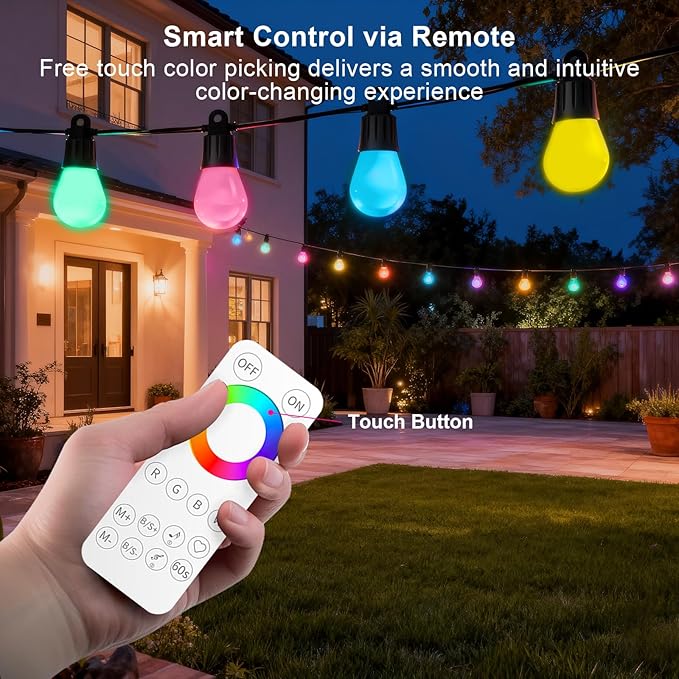 Outdoor String Lights 118FT（59FT*2 RGB +IC Color Changing Smart Patio Lights with Timer Remote &APP Control,IP65 Waterproof Shatterproof LED Lights for Backyard Balcony Garden Party Decor