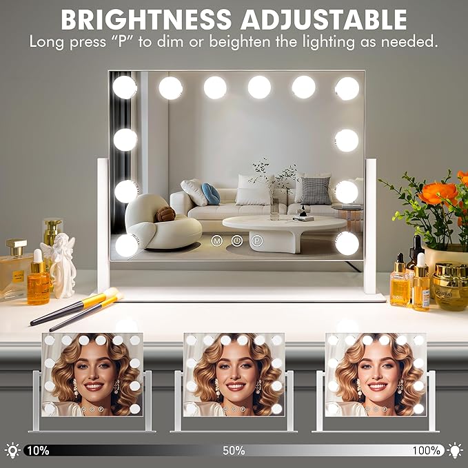 Kottova Vanity Mirror with Lights,15.7"x11.8"LED Makeup Mirror, Lighted Makeup Mirror with 10X Spot Mirror,Smart Touch 3 Colors Dimmable,360° Rotation,for Vanity Desk Tabletop,Plug in(White)