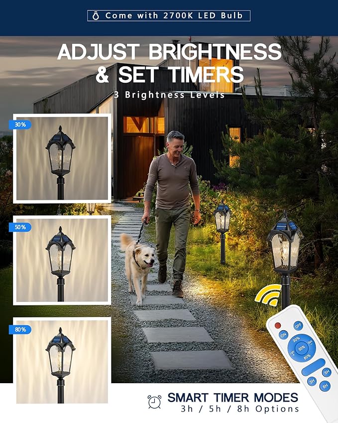 FEMILA Solar Post Lights Outdoor, 35.8" Aluminum Glass Outdoor Pathway Lights, Dusk to Dawn Solar Landscape Light with Remote Control for Yard Garden Driveway, 4FYX92GL-SL BK