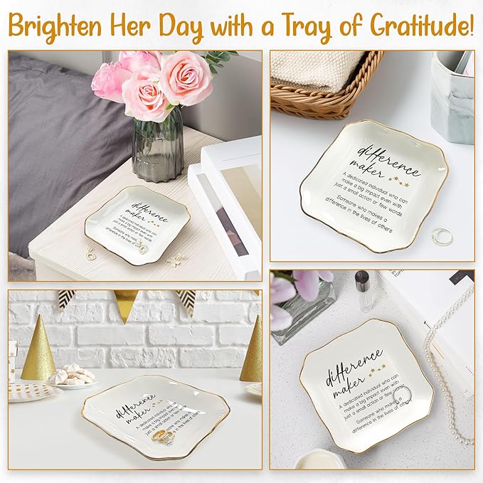 OASSIE Birthday Gifts for Women - Difference Maker 4x4 Ceramic Jewelry Dish Tray - Valentines Appreciation Thank You Gifts for Teacher Coworkers Employee Boss, Retirement Gift Woman