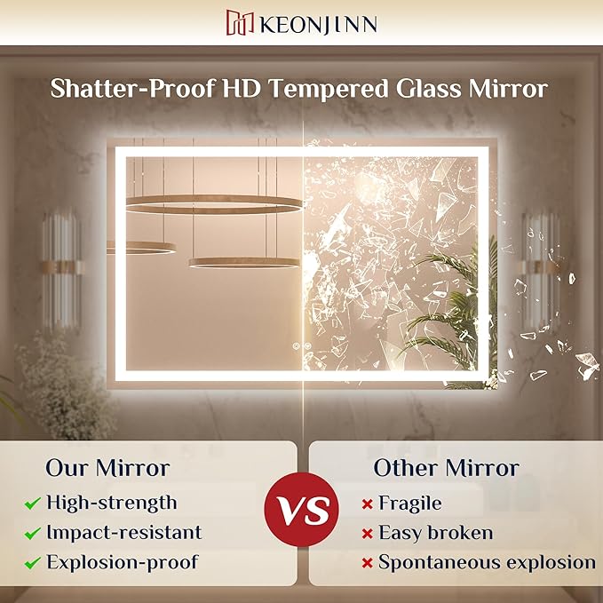 Keonjinn LED Mirror for Bathroom 40 x 30 Inch, Frontlit & Backlit Bathroom Vanity Mirror with 3 Color Lights, Lighted Bathroom Mirror with Anti-Fog, HD Tempered Glass, UL-Listed LED Driver, CRI90+