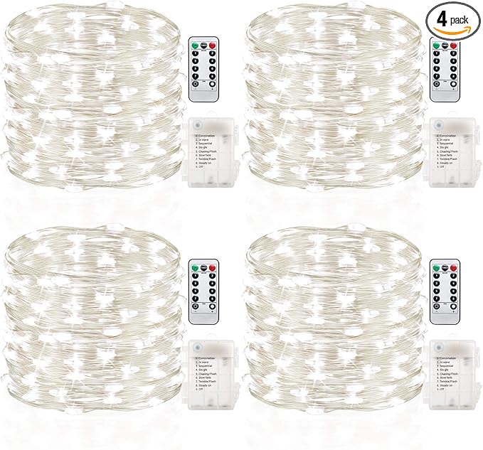 GDEALER 4 Pack Fairy Lights 16.4 Ft 50 Led Battery Operated with Remote Waterproof 8 Modes Twinkle Firefly String Lights for Party Bedroom Wedding Decorations - White