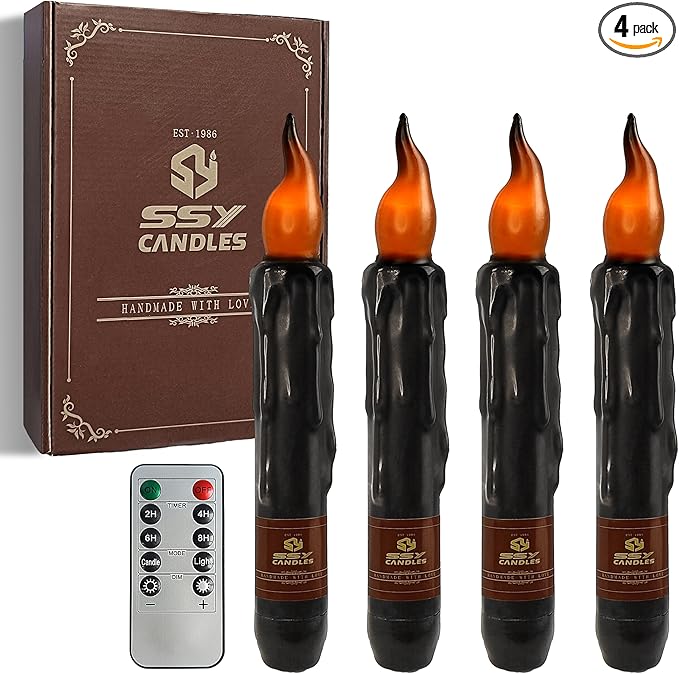 Black Flameless Short Taper Candles, Real Wax Hand Dipped LED Battery Operated with Remote, Flickering Flame Lights for Festival Party Home Décor, 6.7 Inch Primitive Flameless Candles, 4PCS