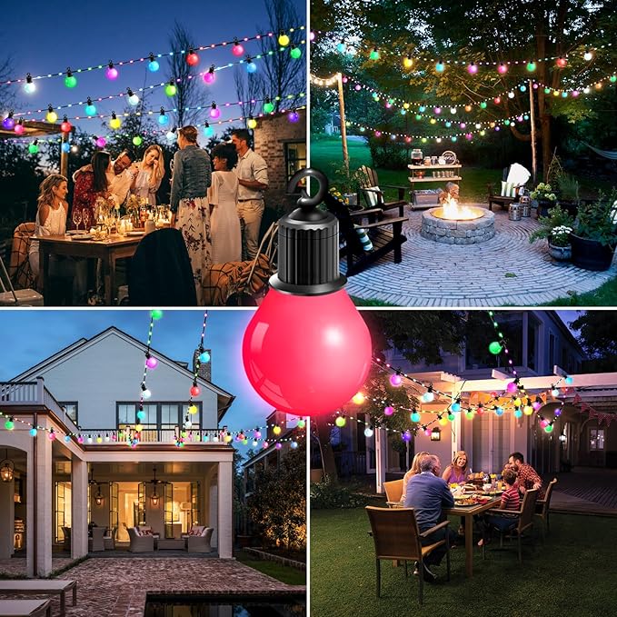 Smart Outdoor String Lights 65.6Ft, RGB IC Color Changing LED Patio Light IP67 Waterproof with 26 G40 Bulbs, Remote, App Control, Timer, Music Sync 5V Outdoor Hanging Lights for Garden Party Christmas
