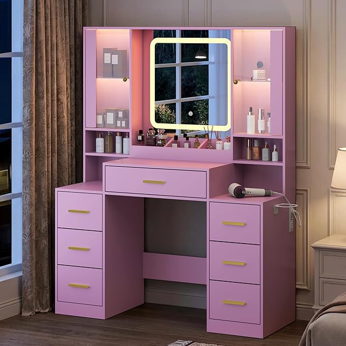 Vanity Desk with Mirror and Lights, Makeup Vanity with 7 Drawers, 2 Glass Door Cabinets, Charging Station, Adjustable Shelves, RGB Lighting, Hair Dryer Holder