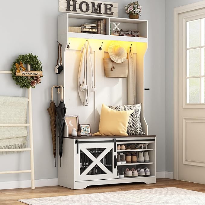 75''H LED Farmhouse Hall Tree with Bench and Shoe,Entryway Bench with Coat Rack,12 Shoe Cubbies & Umbrella Holder,Mudroom/Hallway Storages Cabinet(White)