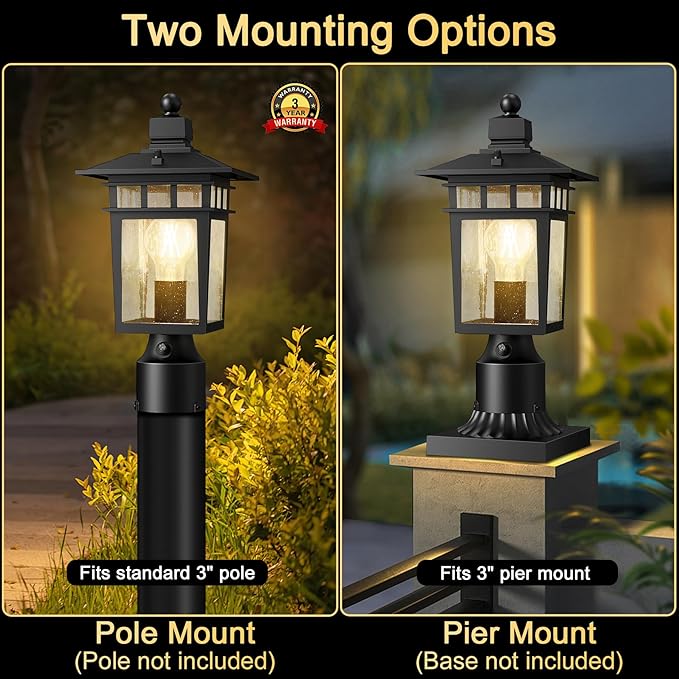 Dusk to Dawn Outdoor Post Lights,Black Waterproof Lamp Post Light Fixture, Aluminum Lamp Posts Outdoor Lighting Pole Lantern for Outside Yard Patio Pathway Garden Deck, Hard Wired,1-Pack