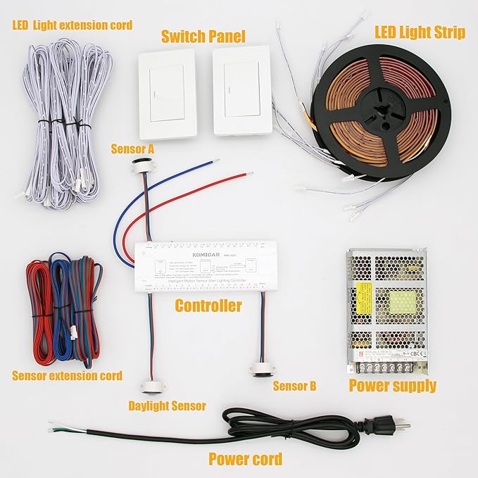 KMG-3233 Motion-Activated LED Stair Lighting Kit with Wall Switch, 40" Long Cuttable LED Strip Light for Indoor LED Stair Lights (Warm White 3000K, 16 Stairs)