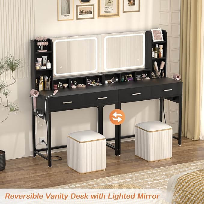 Small Vanity Desk, Vanity Desk with Mirror and Lights, Makeup Vanity Desks with Power Strip, Vanity Table with Drawers and Shelves, Adjustable Lighting, Dressing Table for Bedroom Room, Black