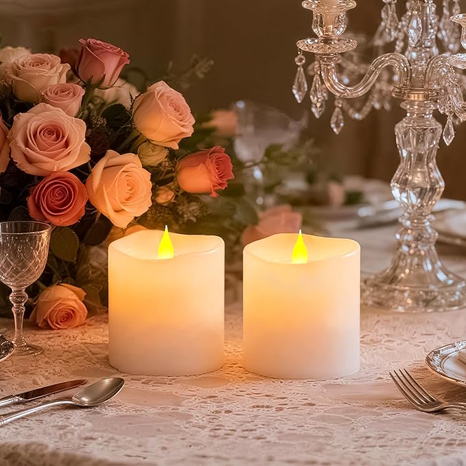 3x3 Flickering Flameless Candles Set of 2,3 inch Real Wax LED 600 Hours Battery Candles with Timer Remote,Control for Wedding Party Indoor,Ivory