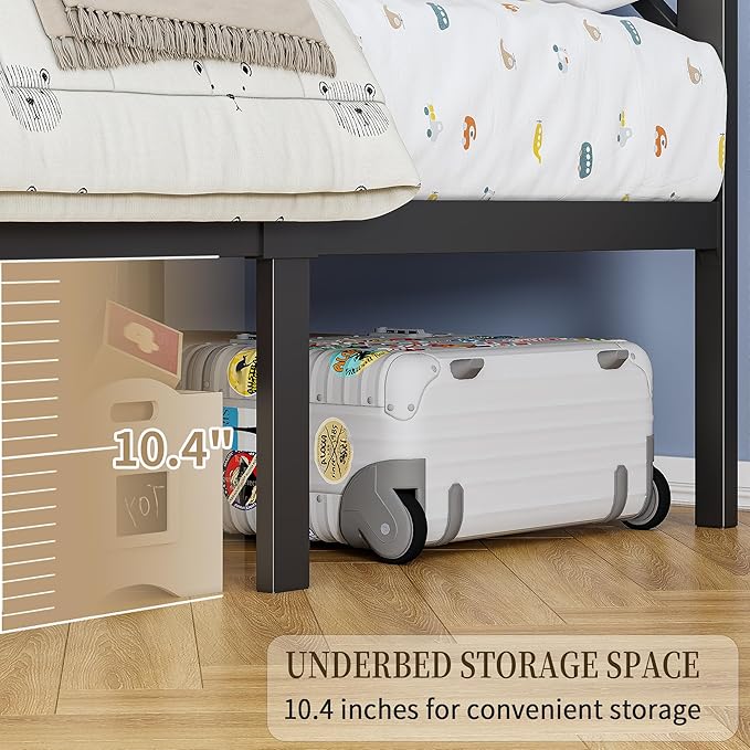 King Size Black Metal Bed Frame with USB Charging Station, LED Ambient Lighting, and Wooden Storage Headboard - Includes Under-Bed Storage, No Box Spring Needed, Noise Free, Easy Assembly