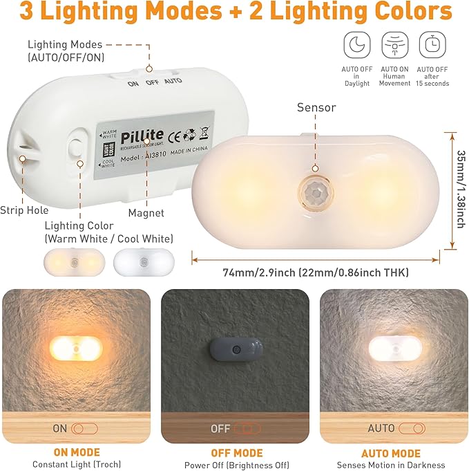 Rechargeable Motion Sensor Night Light, 2-Color White & Warm Toilet Light with Auto/On Mode, Magnetic & Adhesive Installation for Bathroom, Bedroom, Hallway (1 Pack)