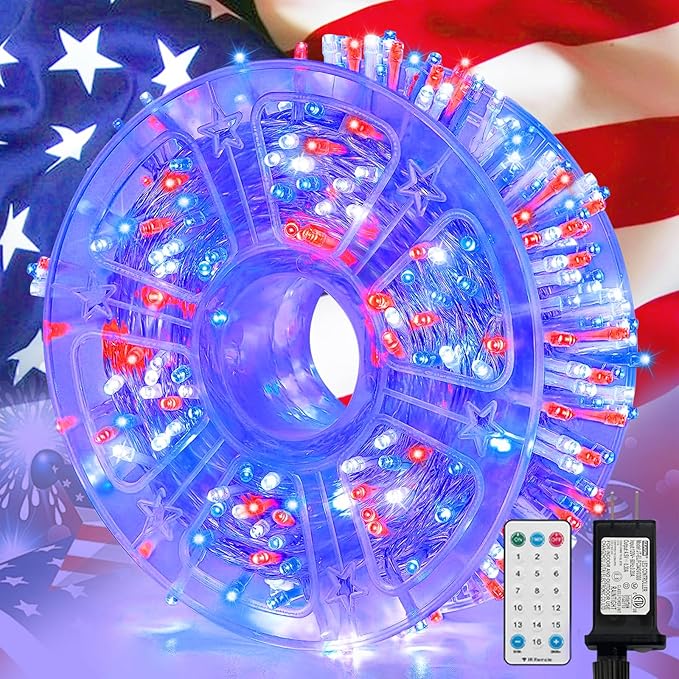 LAMPHOME 165ft 500 LED Red White and Blue Patriotic String Lights, 16 Modes Red White Blue Lights Plug in, 4th of July Lights Outdoor for Independence Day Memorial Day 4th of July Decoration