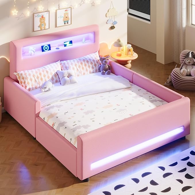 MERITLINE Full Size Upholstered Platform Bed with Drawer, App-Controlled RGB LED Light Strip & USB Port, PU Fabric Storage Bed (Pink) | LED light, Storage Drawer