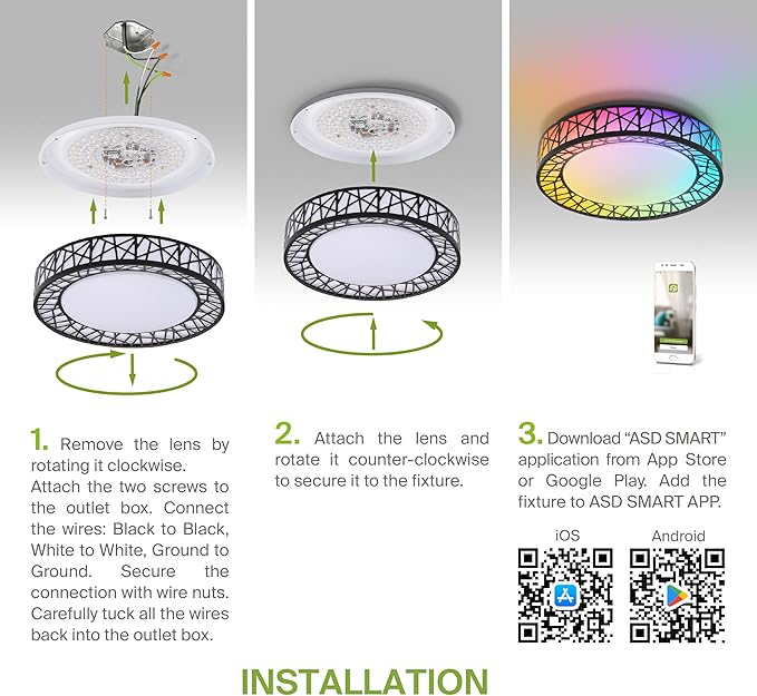 ASD 20 Inch Smart RGBW Flush Mount Ceiling Light with Remote - Matte Black 42W 120V 2700-6500K Dimmable Ceiling Light Fixture, WiFi App Control RGB Lights, Alexa & Google Assistant - ETL