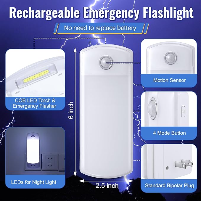 2 Pack LED Power Failure Light, 4 in 1 Rechargeable Plug in Flashlights with Motion Detection, LED Emergency Lights for Home Power Failure Black Outs Hurricane Supplies