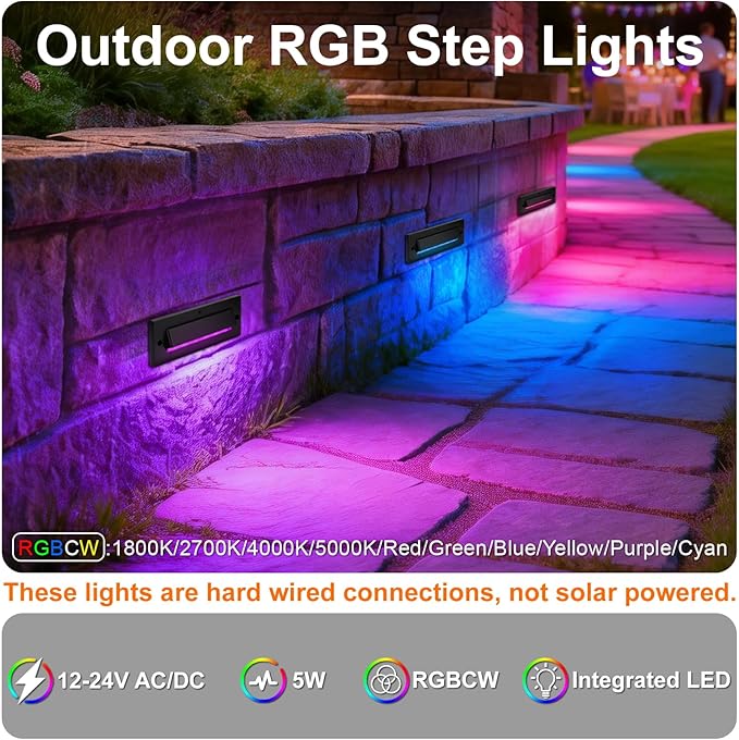 Outdoor Step Lights, 5W 12V Landscape LED RGB Color Changing Outdoor Low Voltage Deck Step Stair Lights Wired for Railing Fence Retaining Wall Christmas Decorations, Heavy Duty, Black, 12PK